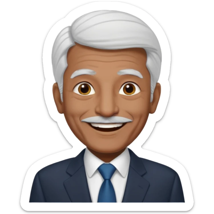 70 yr old man, thin white hair, pakistani, business suit, big smile, dark skin, no facial hair
 sticker