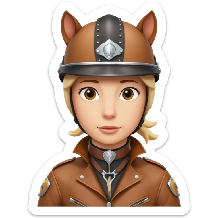 horse rider portrait, head and shoulders only, wearing riding helmet, leather jacket collar, confident expression, subtle horse tack strap visible, 3D cartoon, mobile game icon style, clean background, no text, no watermark
 sticker