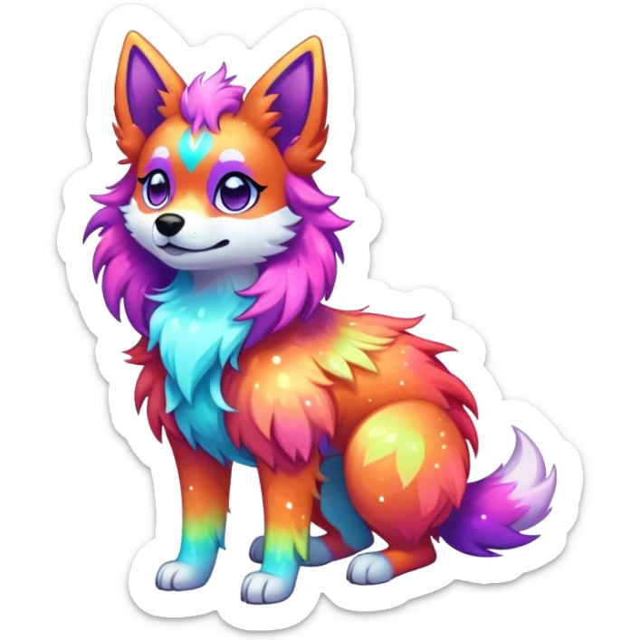 Vibrant multicolored neon-colored Falvie-Fionbri-creature-sparkle-dog-fursona, full body sticker