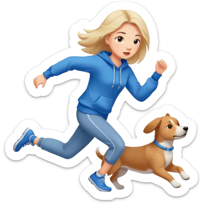 A beautiful girl with fair skin chases a dog in a sweatshirt sticker