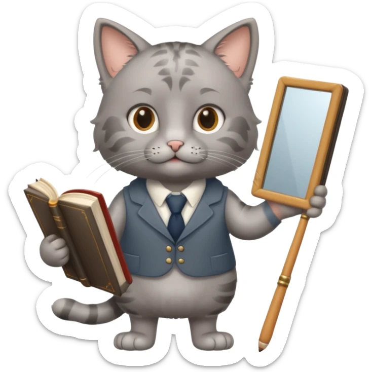 A cat with a mirror on its feet, a book in one hand, a teacher's stick in the other, and hair that looks like Einstein's. sticker
