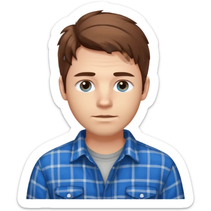 Chico blanco oj pelo revuelto y atractivoos azules pelo castaño y camisa de franela sticker