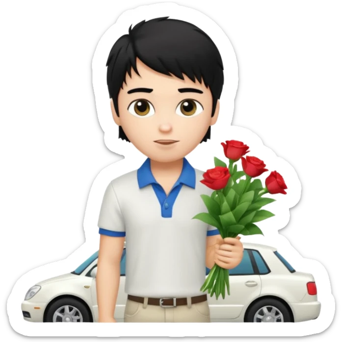 generate a pretty fair bratz boy with a messy mullet (black hair), wearing a white polo.  carrying a bouquet made of CASH. expensive car behind him sticker