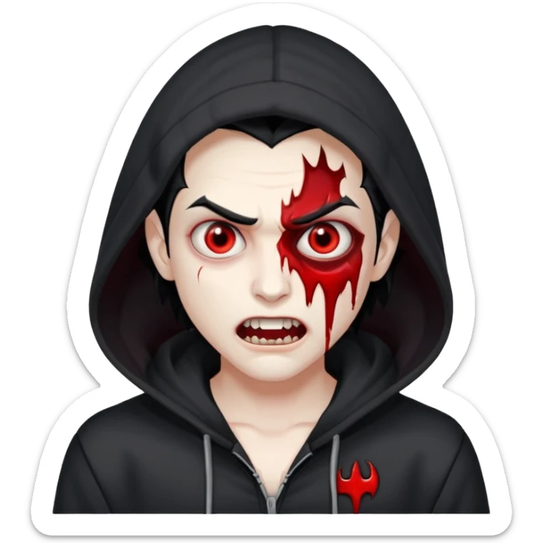 Vampire with gray white skin and full white eyes and bloody fangs and a black hoodie and scary face and black hair  sticker