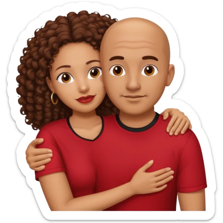 A picture of a tanned couple embracing. the guy is Mexican, with a bald hair cut and he is wearing a red shirt. the girl is mixed, the girl is wearing a black shirt, the girl has brown curly big hair and with big boobs  sticker