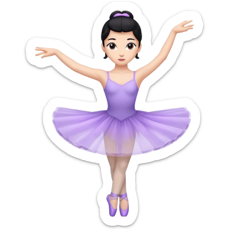Cinematic Light Purple Ballerina Portrait Emoji, rendered in a realistic, vector-style with minimal shading.  with porcelain skin, smooth deep black hair falling in soft waves, and calm, inviting eyes. sticker