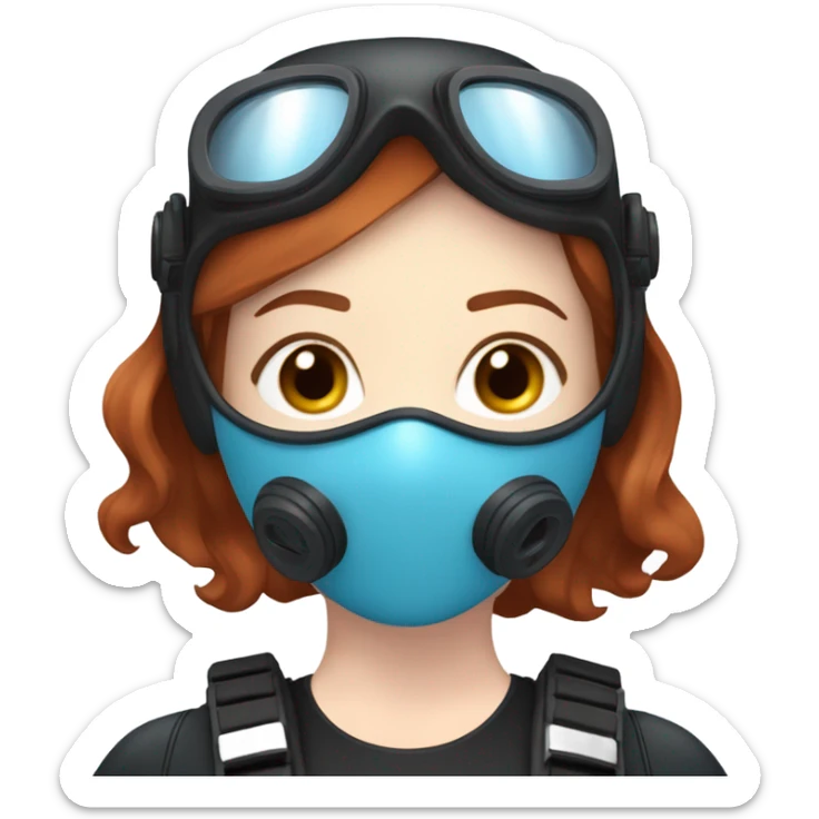 A young woman with red/ brown hair, blue eyes and pale skin in scuba diving gear with a light blue mask  sticker