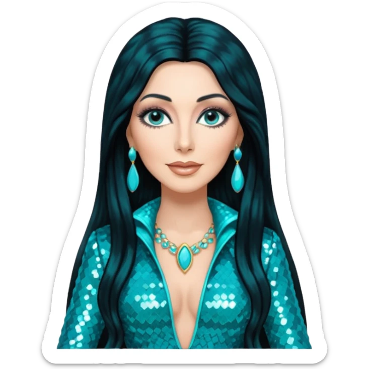 Cher, Goddess of Pop from Famous People with long jet black hair, turquoise sequin outfit sticker