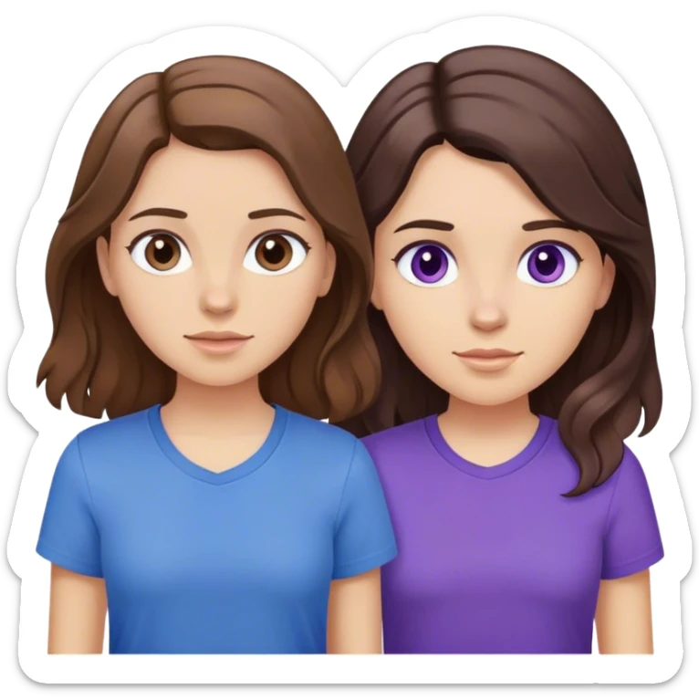 Two girls one with straight brown hair wearing a blue shirt, the other wearing purple and with brunette wavy hair sticker
