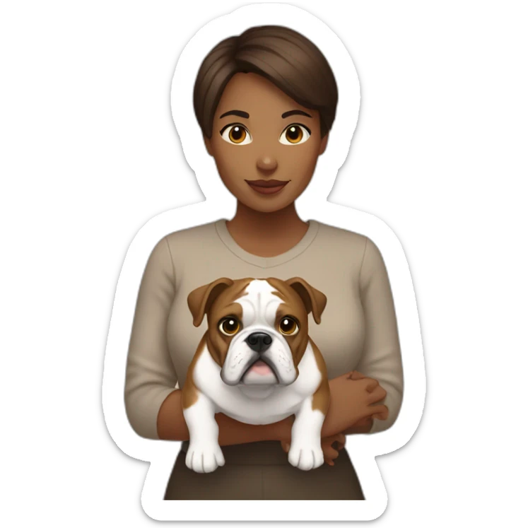 lady with brown short hair holding a english bulldog sticker