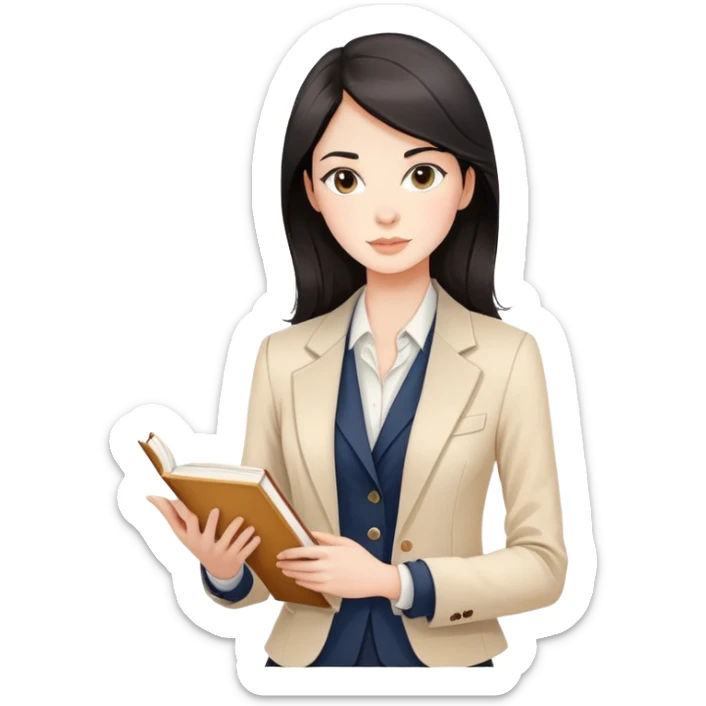 A stylish dark-haired woman in a tailored blazer holding a book, soft vanilla and beige background, elegant line art with subtle watercolor shading sticker