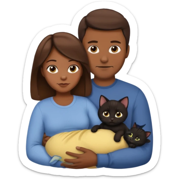 1 mom brown hair, 1 dad no beard, 1 baby and 1 black cat sticker