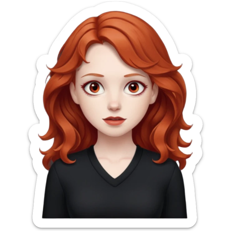 Sarah Blane from Summer of Fear with medium red wavy hair, white and red eyes, black outfit sticker