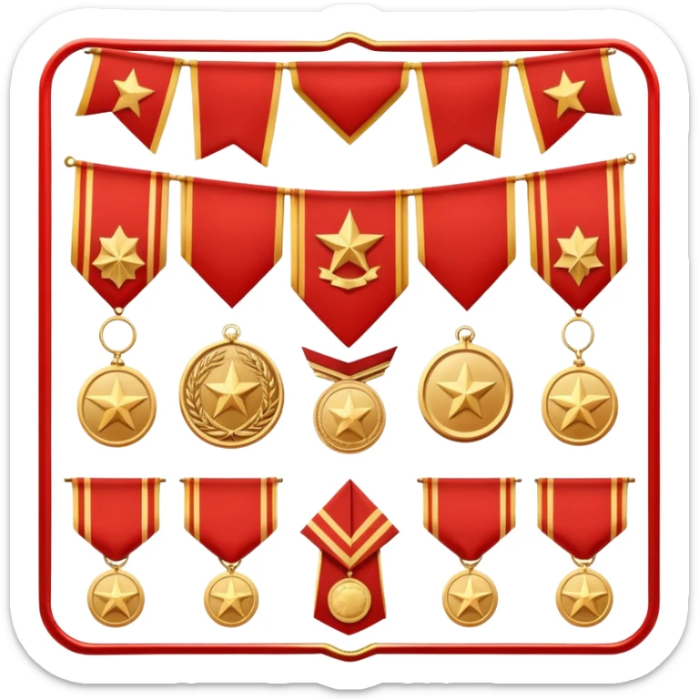 Icon for Collecting Orders, Medals & Badges: a variety of vintage orders, medals and badges, displayed neatly on a big red pennant or in a display case. The icon should reflect the honor and historical significance of these collectible items. Transparent background. sticker