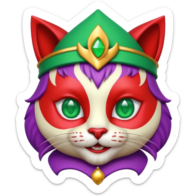 crazy colorful cute little cat jolly joker from poker, medieval, vintage, court jester, mac os icon, purple, gold and red color, half body, emerald green ice eyes. Squared shape as 3D mac os icon, symmetrical sticker