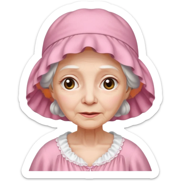 sick old woman with pink night gown, pink bonnet on her head sticker