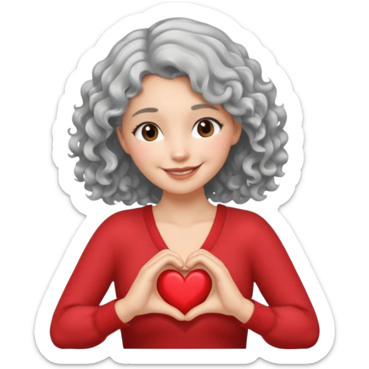 Silver hair, wavy/curly hair chin-length lady giving hug with 2 arms,  v-neck and smiling, add a heart sticker