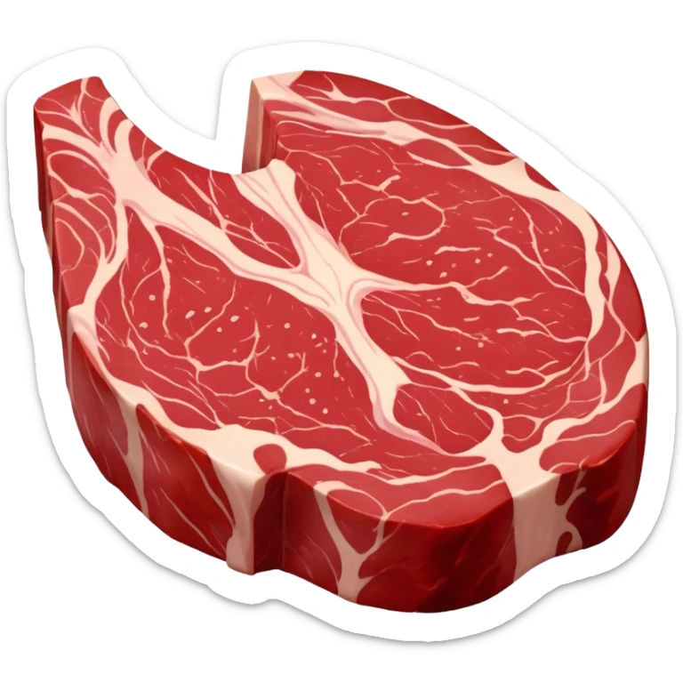 A raw steak with a deep red, fresh color and visible marbling of white fat. The surface is moist and smooth, slightly glossy, with natural muscle texture. The shape is thick and rounded, resembling a fresh cut of beef ready to be cooked sticker