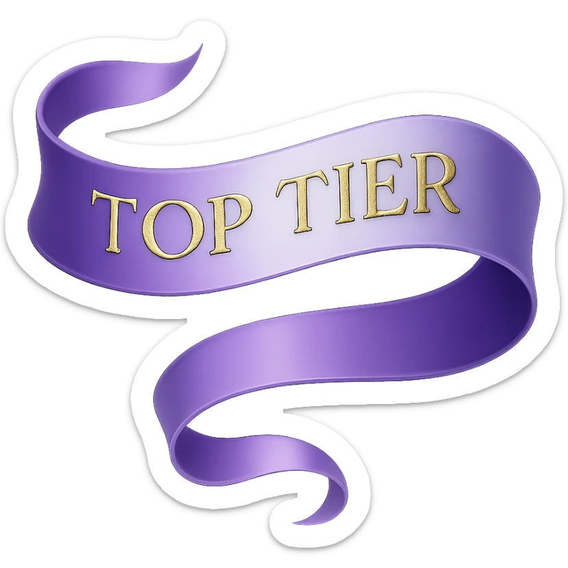 An elegant, flowing ribbon in a vibrant gradient of purple and silver, with the words 'TOP TIER' embossed in a sophisticated, slightly raised gold lettering, no background sticker