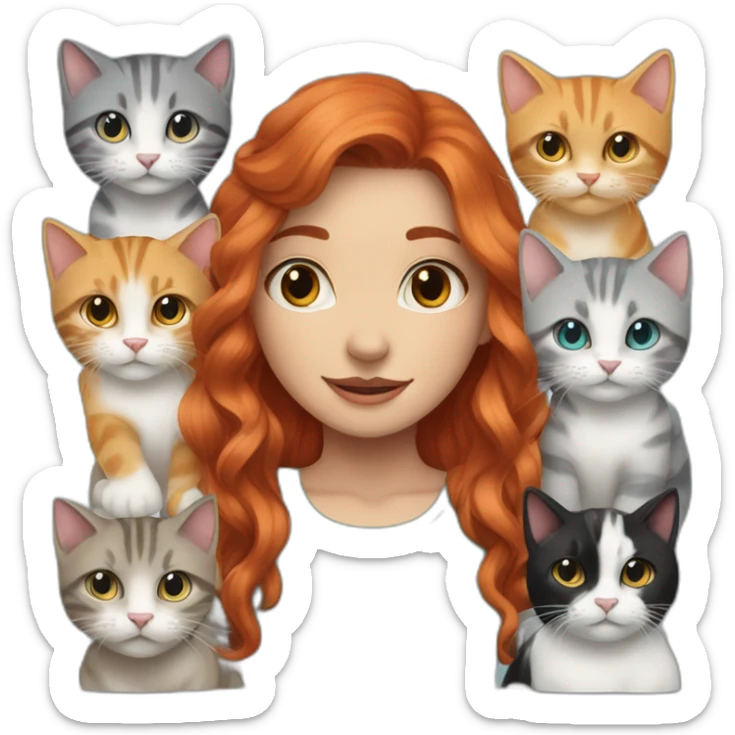 a red haired girl with aqua eyes surrounded by 9 cats of which  3 are black , 1 is white and grey , 5 are tabby grey sticker