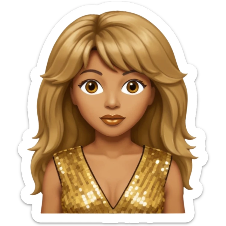Tina Turner with long light brown hair, gold outfit sticker