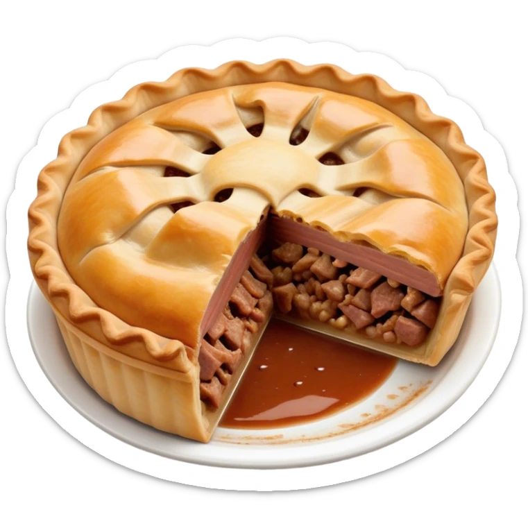 Cinematic Realistic Meat Pie Dish Emoji, showcasing a flaky pastry filled with rich, hearty meat gravy, rendered with lifelike detail and warm, inviting lighting. sticker