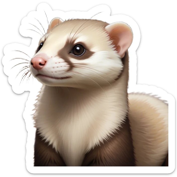 Cinematic Noble Ferret Portrait Emoji, Poised and dignified, with a sleek, elongated body and a distinct ferret head featuring a pointed snout, small, rounded ears, and intelligent, beady eyes, covered in soft, sleek fur with natural brown and cream hues, Simplified yet sharp and sophisticated features, highly detailed, glowing with a warm, natural glow, high shine, exuding an air of quiet confidence, focused and watchful, soft glowing outline, capturing the essence of a clever and majestic ferret that feels as though it could leap from the screen with effortless grace! sticker