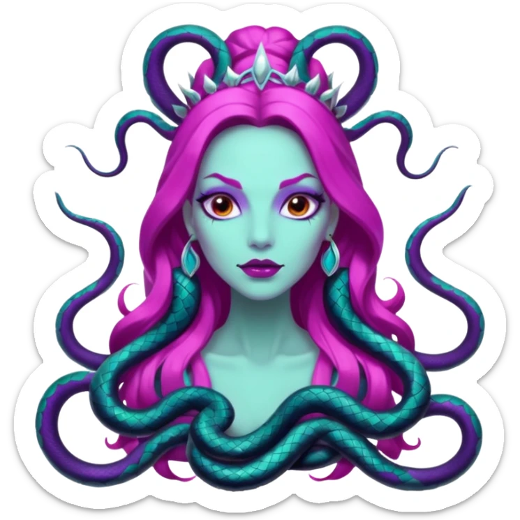 Beautiful Queen Hydra sea witch with seven snake heads, with the colors of cyan, hot pink, purple, white, and black sticker