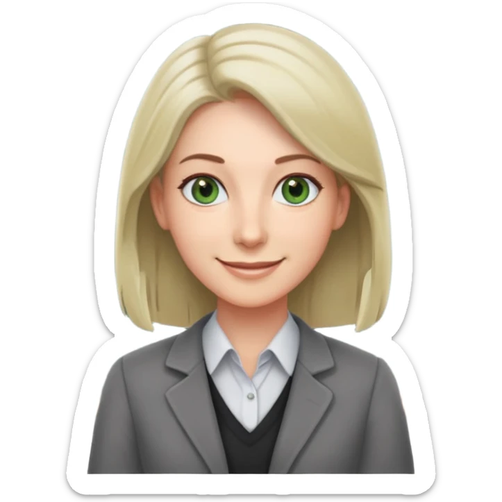 smiling English teacher with airtouch hair and grey-green eyes standing in front of a classroom with chalkboard sticker