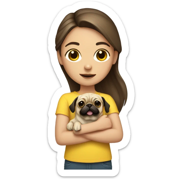 Girl with brown hair and a yellow shirt holding her pug sticker