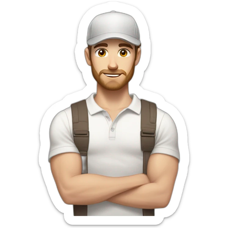 Pale skinned fit Man with dark brown hair in a light gray cap, dark brown jeans, brown polo and white T-shirt keeping a pasted with tape white box into his hands sticker