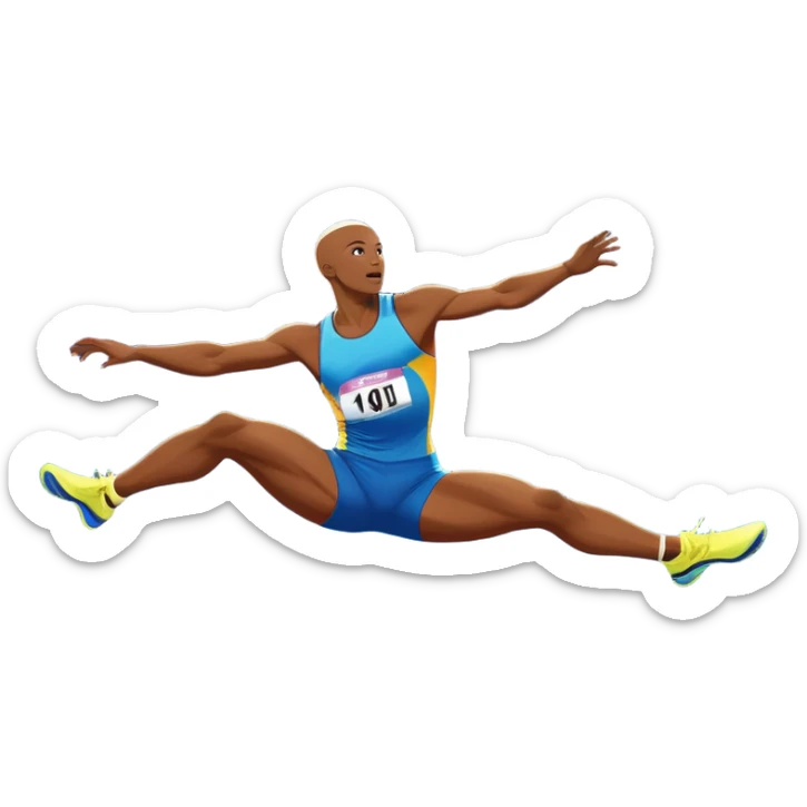 An icon showcasing various disciplines of track and field in one scene: a sprinter in full speed, a high jumper soaring over the bar, a long jumper taking off, and a discus thrower in motion. The background features a vibrant stadium with cheering crowds, bright lights, and a clear sky.  sticker