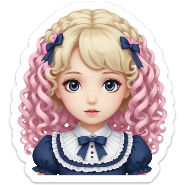 Pale girl with curly blonde-pink hair, grey eyes, doll-like makeup, wearing a navy lolita hime gyaru dress emoji. sticker
