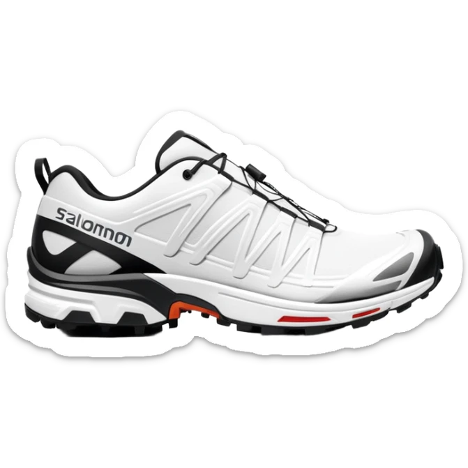 Ultra minimalist white Salomon XT-6 shoes, extremely simplified iOS emoji style, one behind the other, flat colors, very basic lines, essential details only, clean design sticker