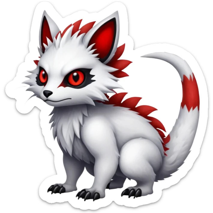 a white exotic edgy vernid-fionbr-Fakémon-creature, with black belly and red eyes, full body sticker