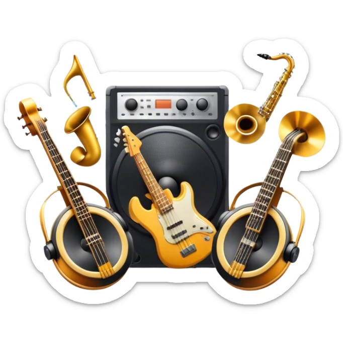 Icon for R&B Music Listening: large concert speakers and headphones with waves of musical notes coming out, along with drums and bass guitar and saxophone. The icon should convey the energetic and rhythmic vibe of R&B music. Transparent background sticker
