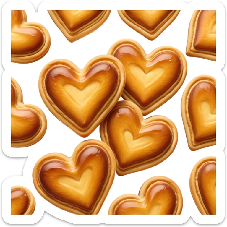 Cinematic crisp palmier, golden-brown heart-shaped pastries, perfectly caramelized layers, delicate and flaky, warm glowing background, inviting and delicious. sticker