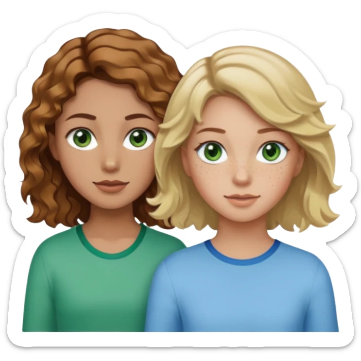 À girl with wavy brown hair, light tan skin and green eyes and freckles next to a girl with short blonde wavy hair, tan skin and light blue eyes sticker
