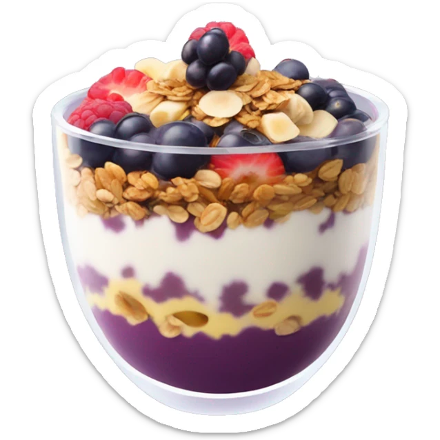 Açaí in a clear cup with layers of fruits and granola and condensed milk sticker