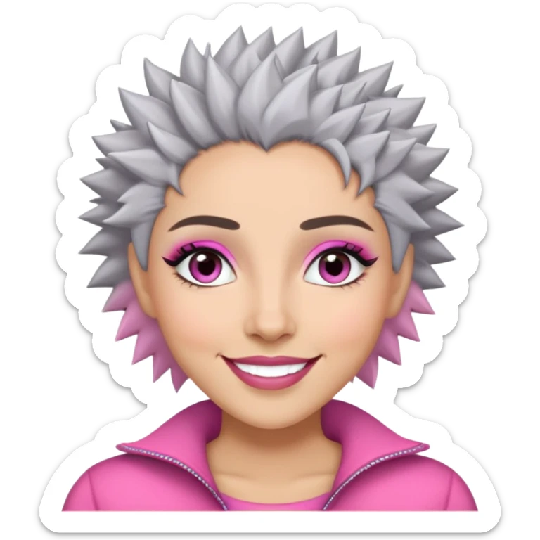 Close-up of Marian Pabón with defined facial structure, light skin with pink undertones, almond eyes with makeup, arched eyebrows, charismatic wide smile, and short spiky gray hair sticker