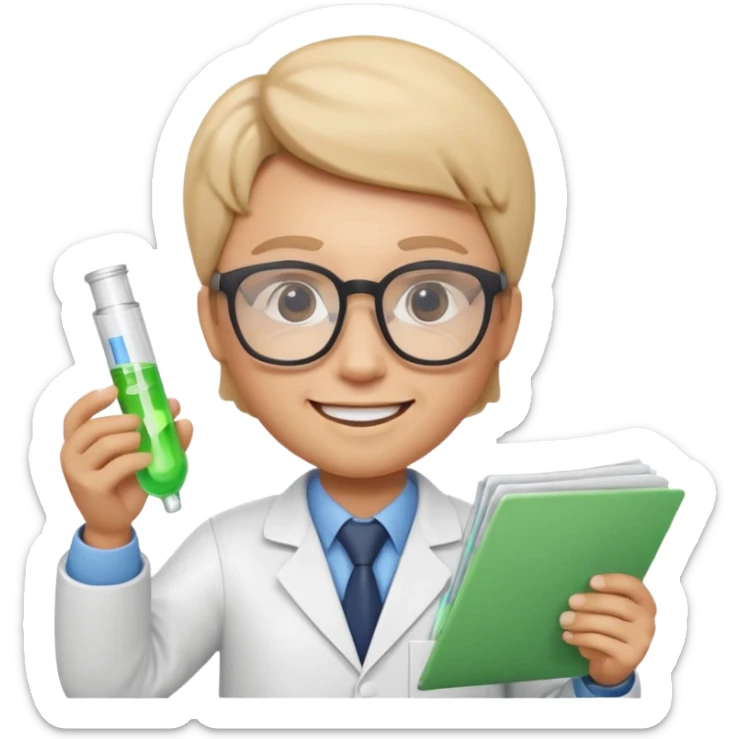 Apple Memoji-style 3D emoji of a researcher wearing glasses holding papers or a test tube, clean gradients, rounded shapes, no background. sticker