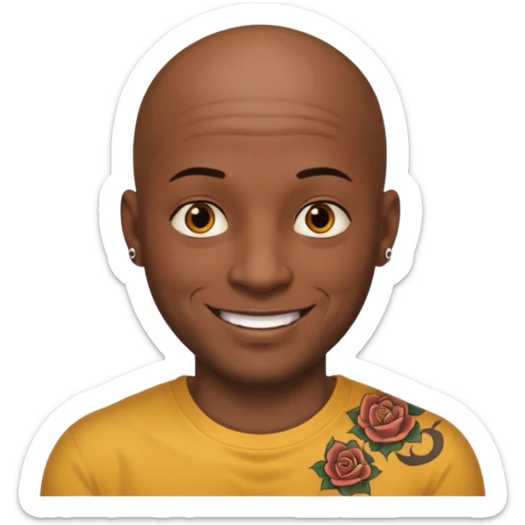 This is a cartoon-style avatar of a bald man with dark skin, golden-brown eyes, and several tattoos on his face, smiling with a friendly expression. sticker