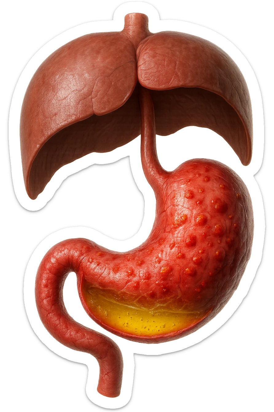 stomaco umano anatomico infiammato con acido giallo all'interno fluttua in aria insieme ad un diaframma umano, iperrealistico 4k, isolato su sfondo bianco sticker