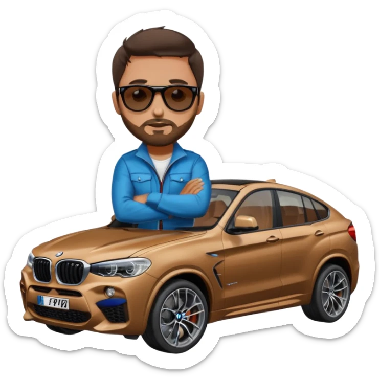 Brunnete Man with stubble (beard) sitting on top of the bonnet of a BMW X4 M competition with sunglasses on sticker