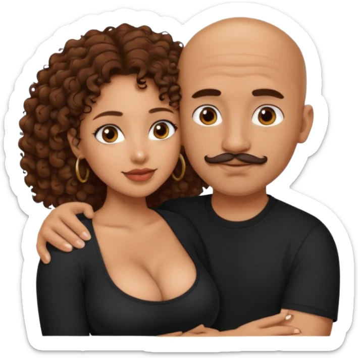 A mixed girl, the girl is wearing a black shirt, the girl has brown curly hair  and the girl has big boobs. A Mexican man is embracing her, with bald hair and a short mustache  sticker