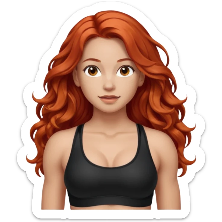 Athletic girl with long light red wavy hair and smaller boobs bigger arms. middle part and black sports bra, long hair sticker