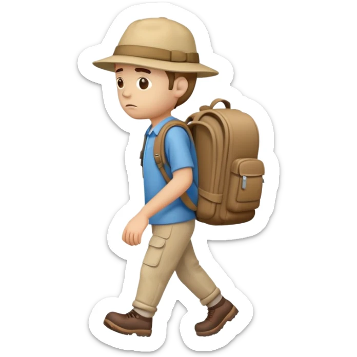 sad traveler man with beige skin tone wearing backpack and hat walking to the right, iOS style sticker