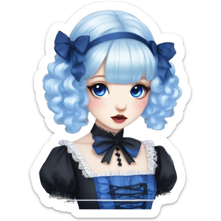 Japanese pale woman with Blue curly pigtails and bangs, royal blue lips and eyeshadow, long eyelashes, blue eyes, black Lolita dress with laces and ribbons, gothic Lolita doll look sticker