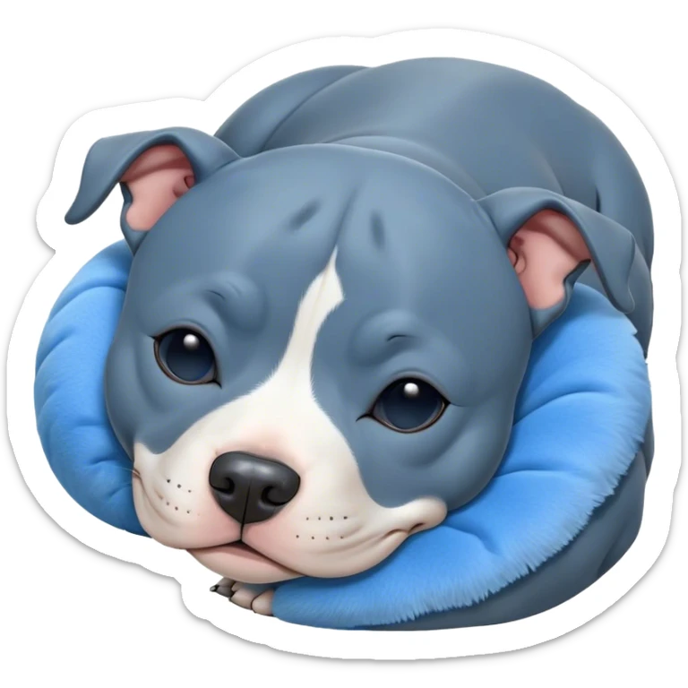 Meme-Worthy Cute Sleeping Blue Staffordshire Bull Terrier Portrait Emoji, Head resting peacefully with a contented smile, showcasing a delightfully compact build and a luxuriously soft blue Fur, eyes shut in a serene nap, Simplified yet hilariously adorable features, highly detailed, glowing with a soft, drowsy light, high shine, relaxed and utterly lovable, stylized with an air of playful laziness, bright and heartwarming, soft glowing outline, capturing the essence of a comically sleepy guardian, so meme-worthy it feels like it could instantly become the next viral sensation of adorable slumber! sticker