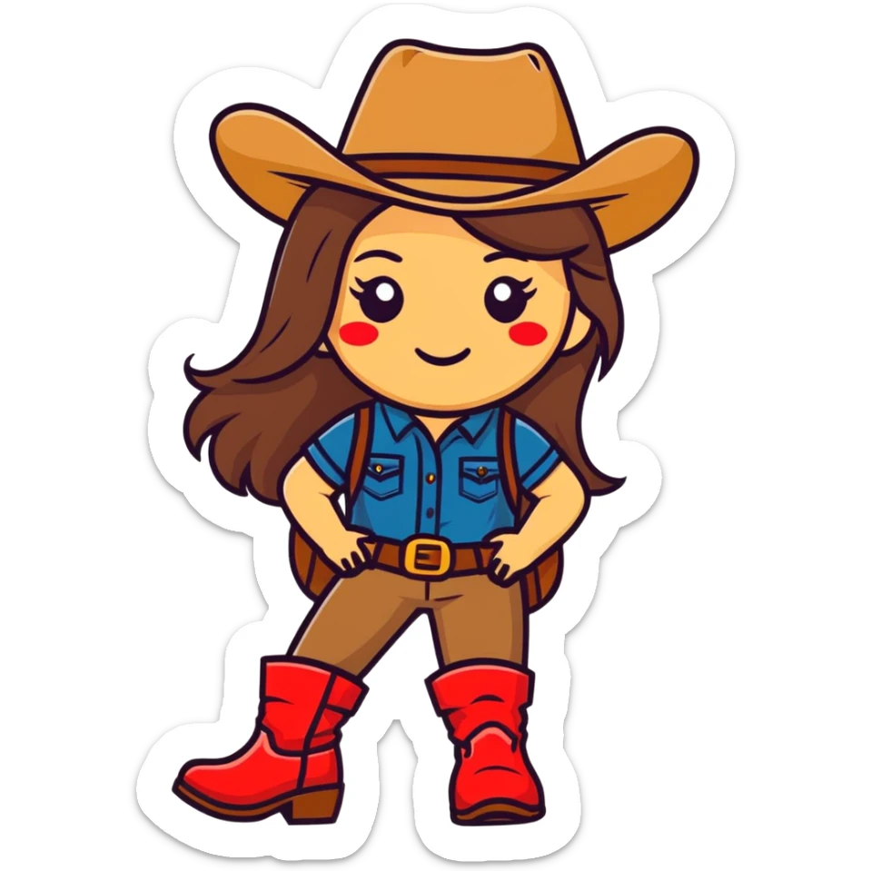Girl emoji with long brown hair wearing a cowboy hat, sunglasses, and red boots sticker